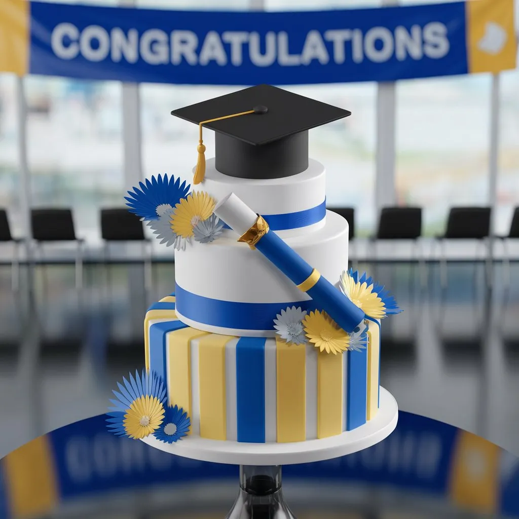 A 3D render of a multi-layered graduation cake with white icing, blue and yellow stripes, a graduate cap, and scepter, surrounded by blue and yellow flowers, on a stand with a blurred background featuring a 'Congratulations' banner.