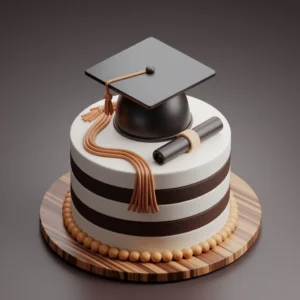 Realistic 3D graduation cake with cap, tassel, scroll, and dark brown frosting, placed on a wooden board against a dark grey background.