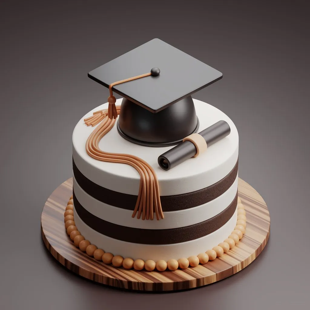 Realistic 3D graduation cake with cap, tassel, scroll, and dark brown frosting, placed on a wooden board against a dark grey background.