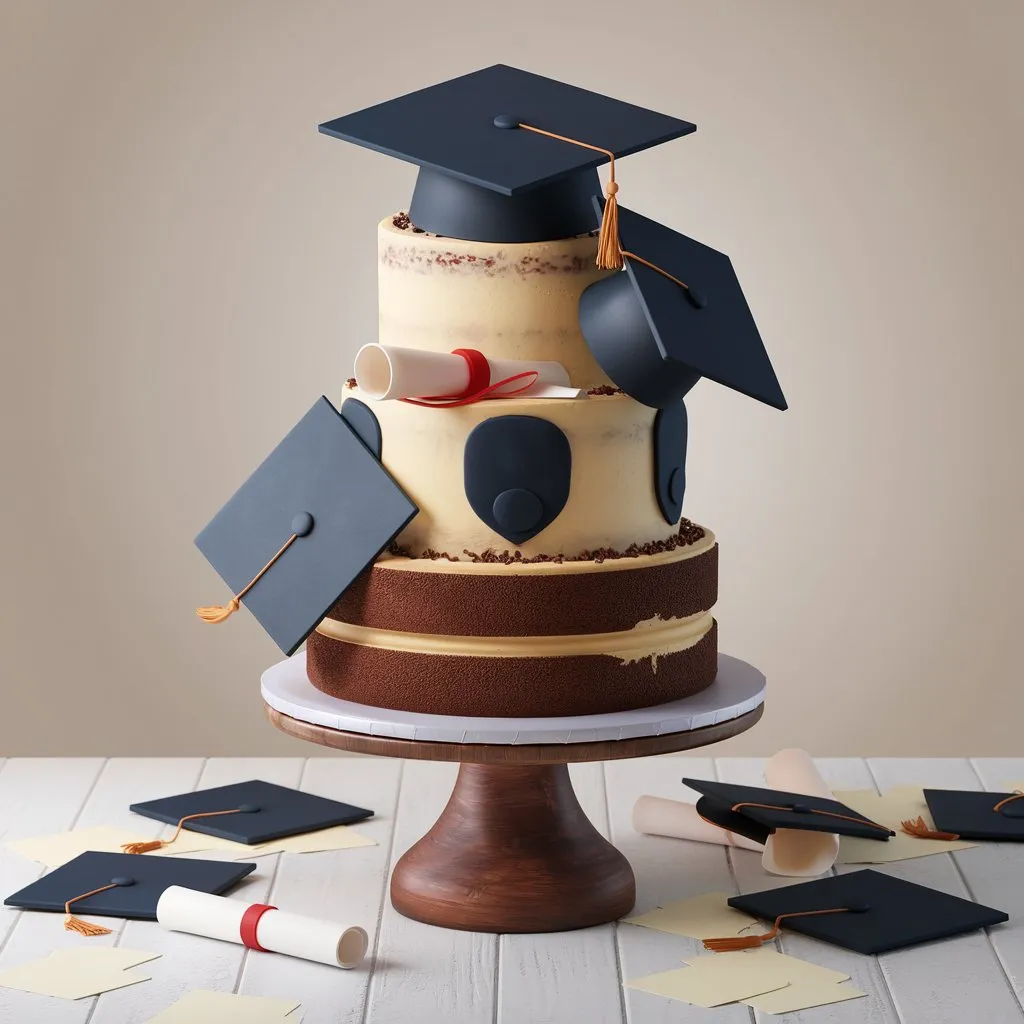 A 3D render of a realistic tiered graduation cake featuring vanilla bean layers, buttercream frosting, and multiple graduation caps and diplomas, set on a wooden stand.