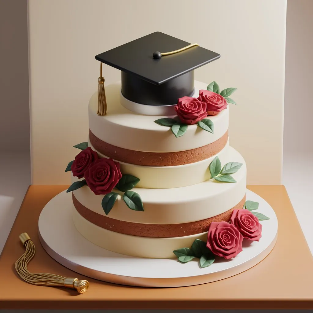 Realistic multi-layered graduation cake with cap, tassel, scroll, and dark brown frosting on a wooden board.