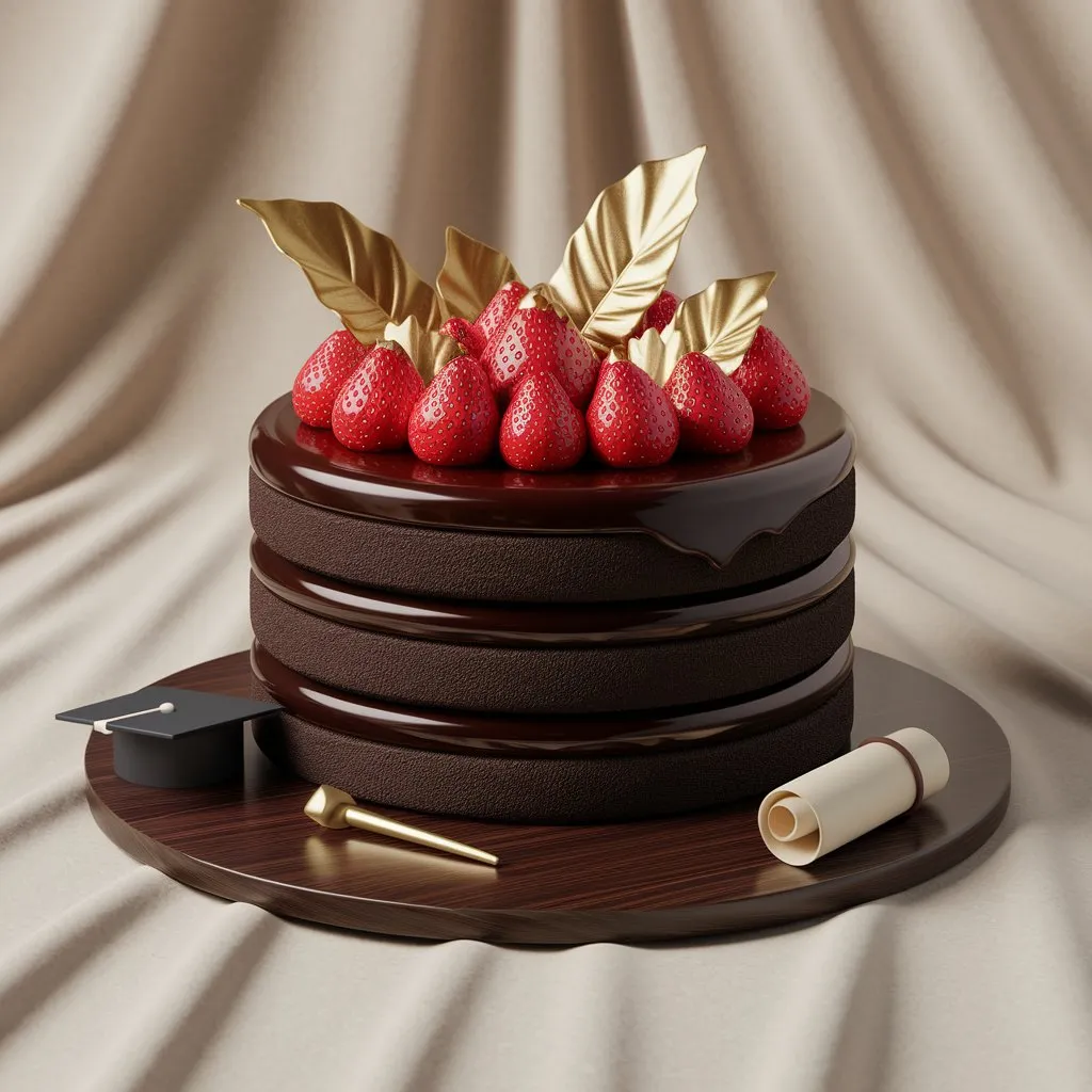 A one-tier graduation cake made with chocolate, topped with fresh strawberries and adorned with golden chocolate leaves.