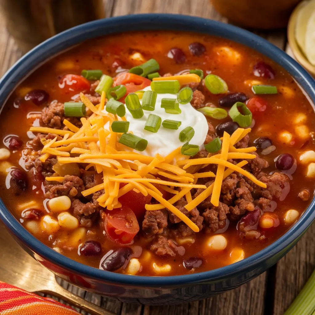 Bowl of authentic taco soup with ground beef, beans, corn, and toppings like shredded cheese and sour cream.