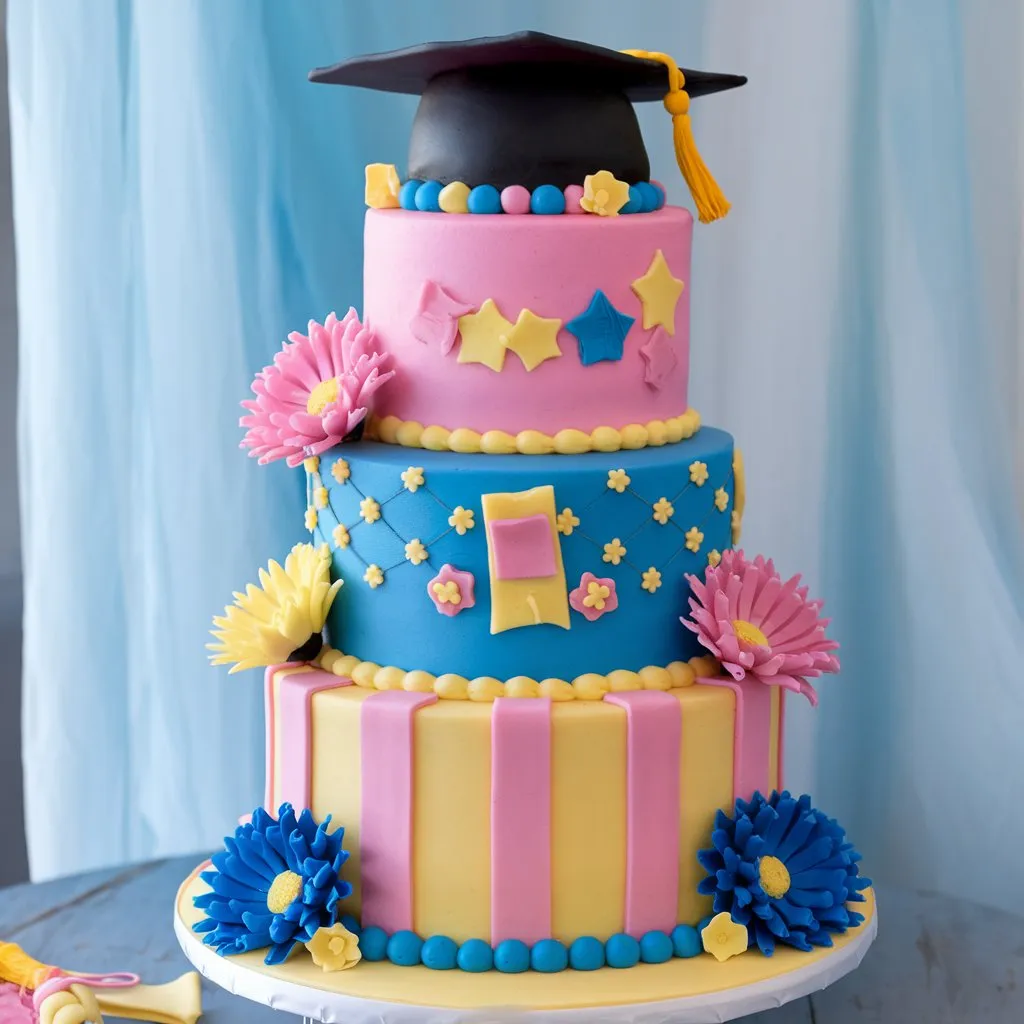 A tall, 3-tiered graduation cake with pink, blue, and yellow stripes, topped with a graduation hat, surrounded by pink, blue, and yellow flowers, set against a light blue curtain.