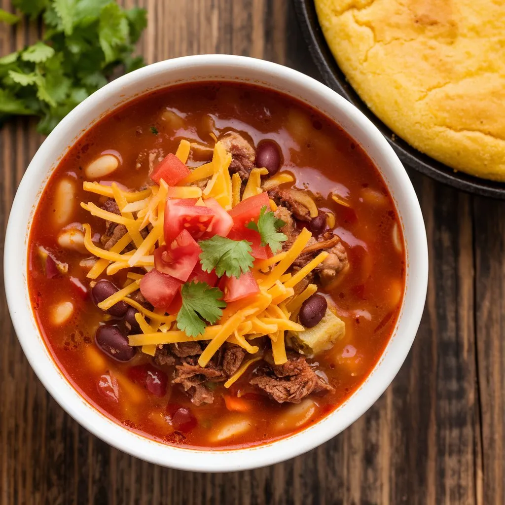 A bowl of 5-Star Taco Soup with tender chunks of meat, beans, and vegetables, topped with shredded cheese, diced tomatoes, and cilantro. Served with a side of golden brown cornbread in a cast iron skillet. Set on a rustic wooden table.