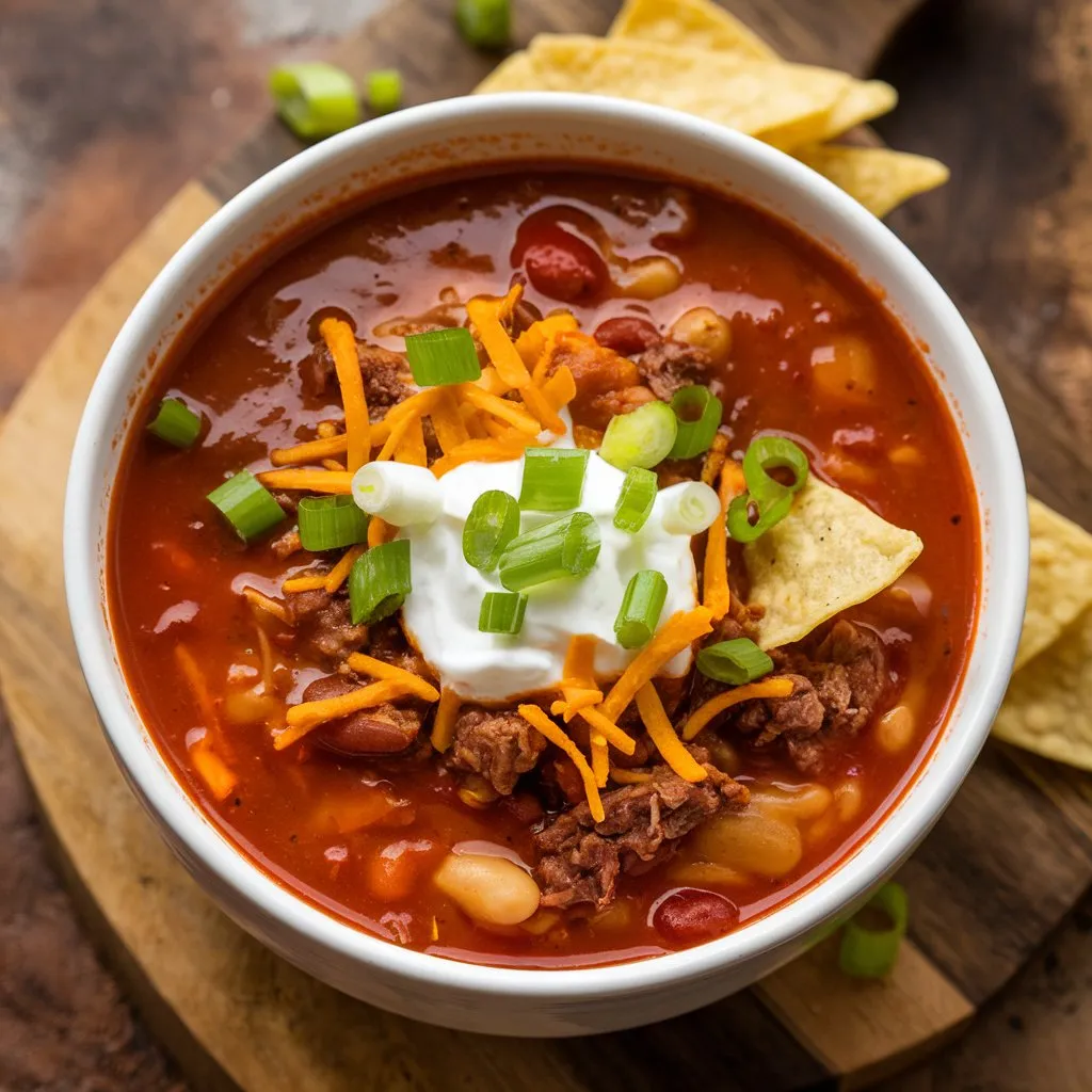 A bowl of 5 Star Taco Soup with tender chunks of meat, beans, and vegetables, topped with shredded cheese, sour cream, green onions, and crispy tortilla strips. Placed on a rustic wooden board with extra toppings and a rustic background.