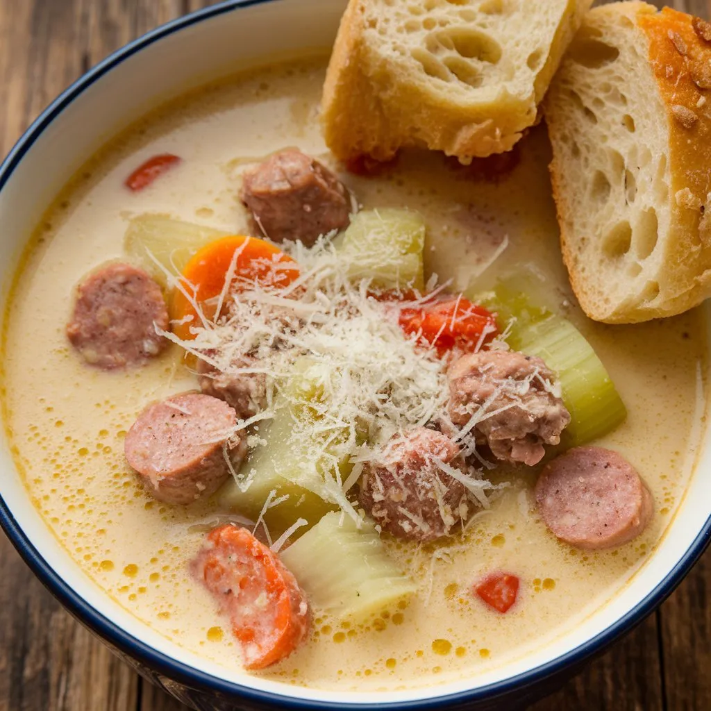 A bowl of creamy Parmesan Italian sausage soup with chunks of crusty bread. The soup is rich and creamy, featuring tender Italian sausage, vegetables like carrots, celery, and onions, topped with grated Parmesan cheese.