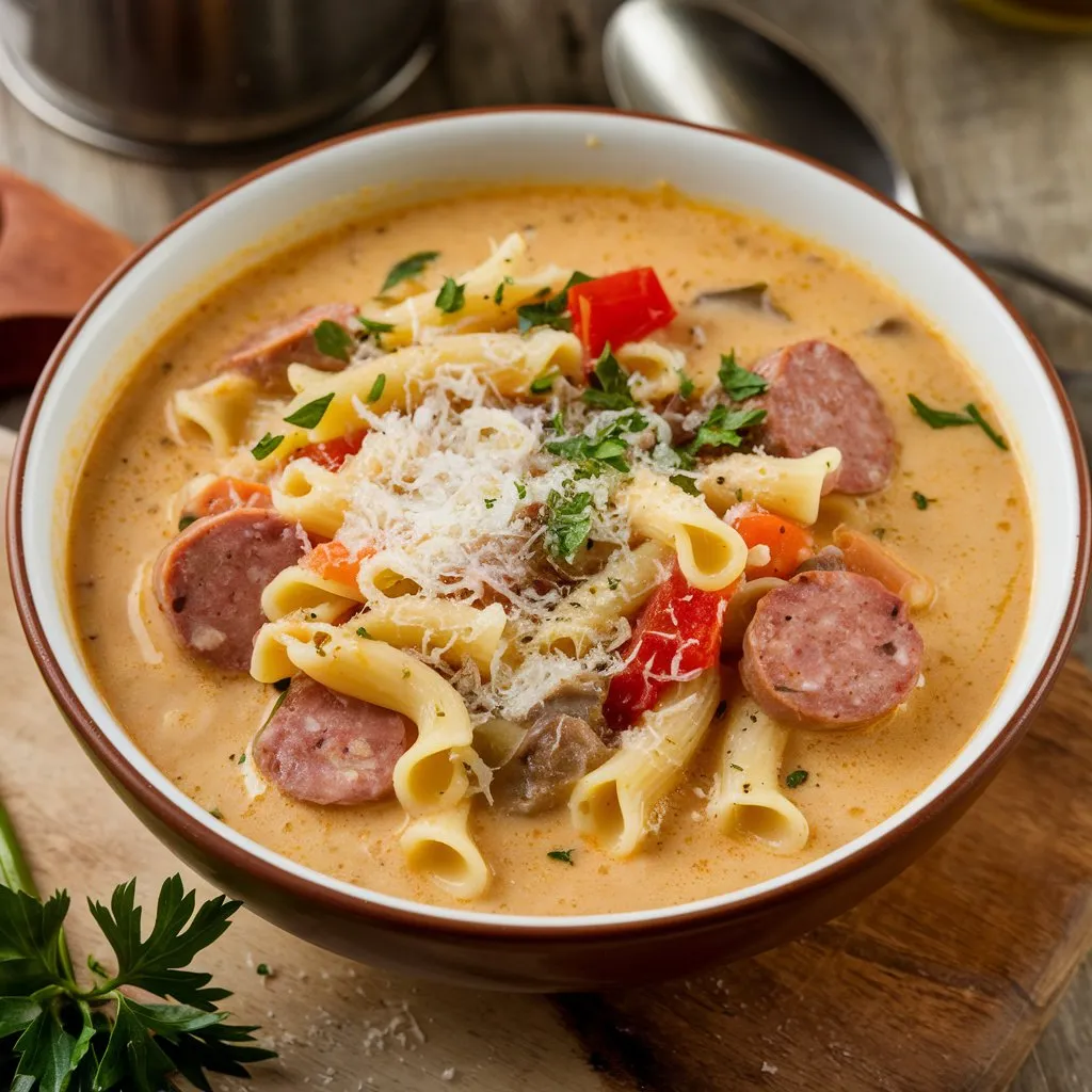 A bowl of creamy Parmesan Italian sausage soup with Italian sausage, pasta, and vegetables, topped with grated Parmesan cheese and parsley, placed on a rustic wooden board.