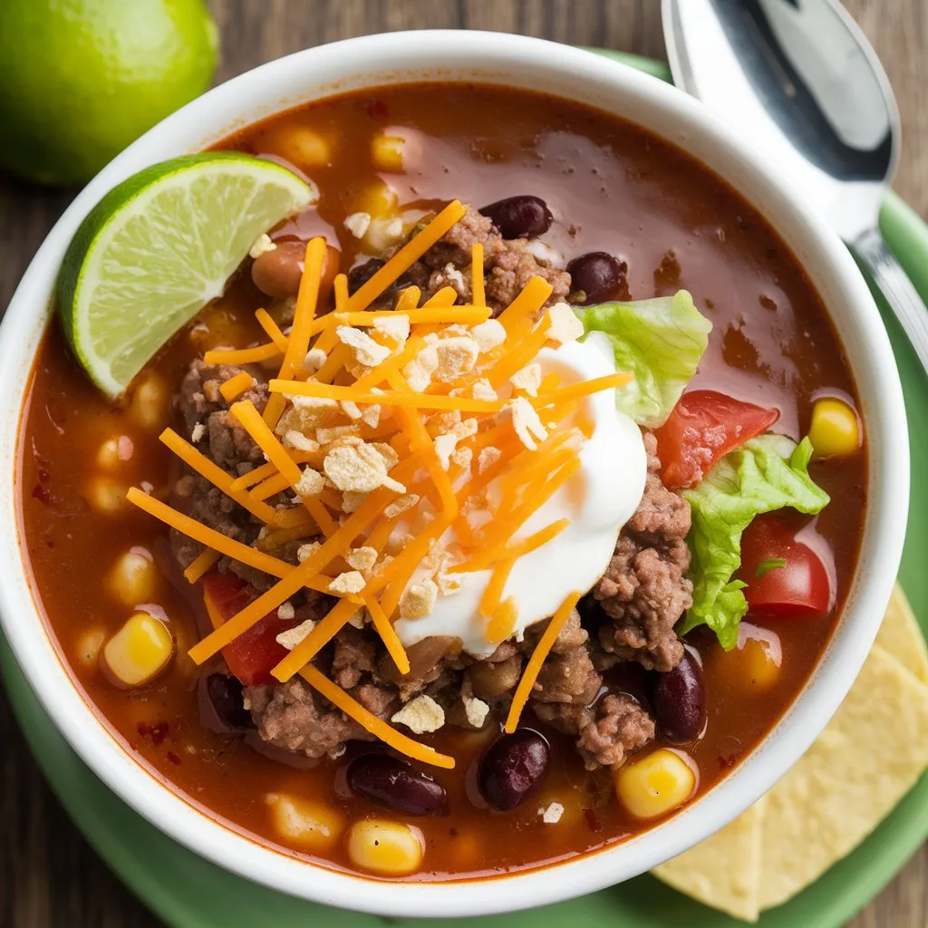 A bowl of taco soup with a 5-star rating, filled with ground beef, beans, corn, tomato, and lettuce. Topped with cheese, sour cream, and crushed tortilla chips, garnished with a lime wedge and spoon, placed on a wooden surface.