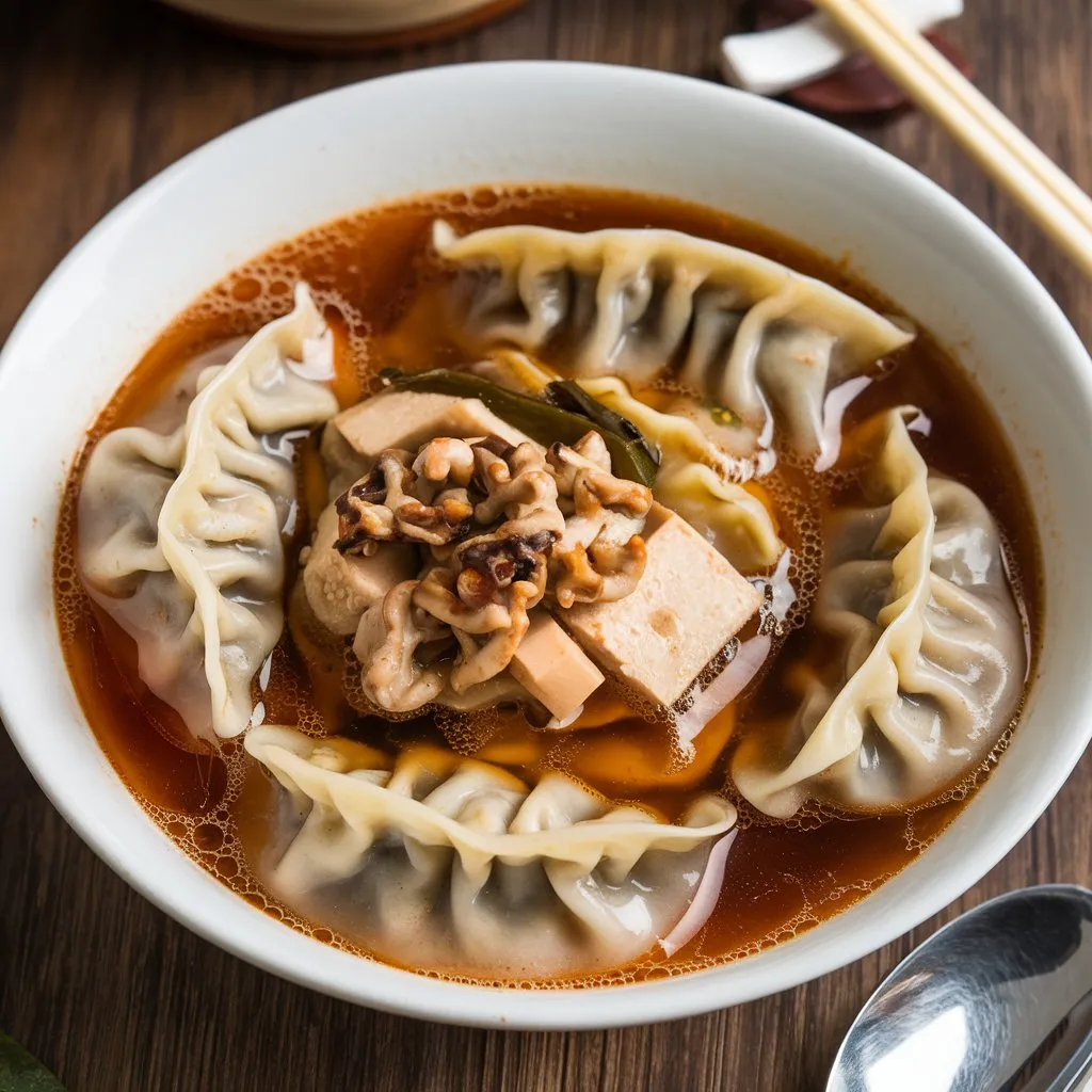 A bowl of vegan soup dumplings with a rich broth, featuring a mixture of tofu, mushrooms, and vegetables.