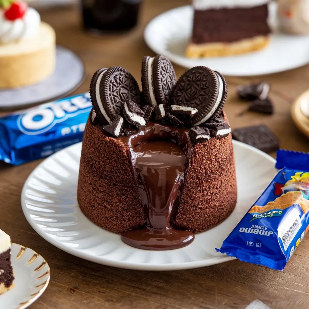 A chocolate lava cake with a gooey center, topped with crushed Oreos, with a candy bar beside it on a wooden table surrounded by other desserts.