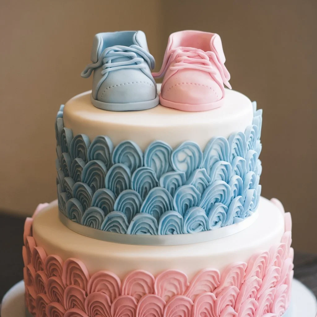 A two-tier gender reveal cake with fondant babies wearing blue and pink shoes, set against a beige wall.