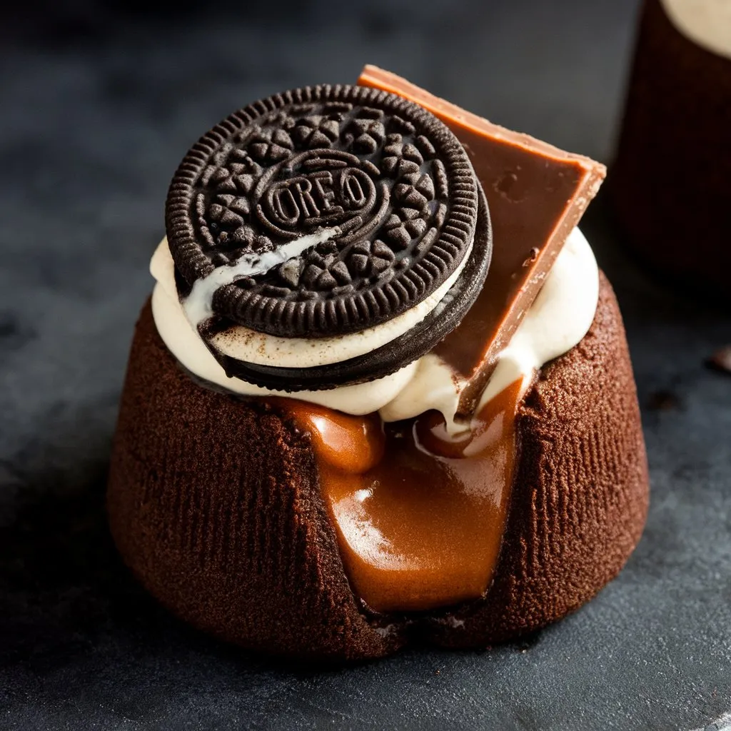 A close-up of a lava cake with a gooey center, topped with crushed Oreo cookies and a candy bar, set against a dark background.