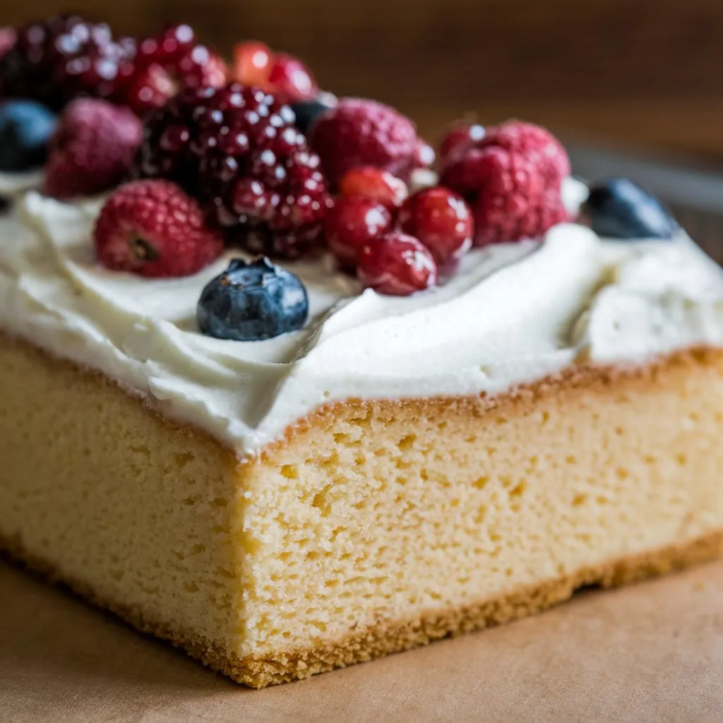 A close-up shot of a sheet cake with a creamy kefir topping, topped with colorful berries on a wooden surface.