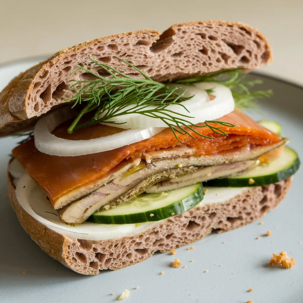 A close-up of a Traditional Matjesbrötchen sandwich on rye bread with pickled herring, dill, onions, and cucumbers, cut in half.