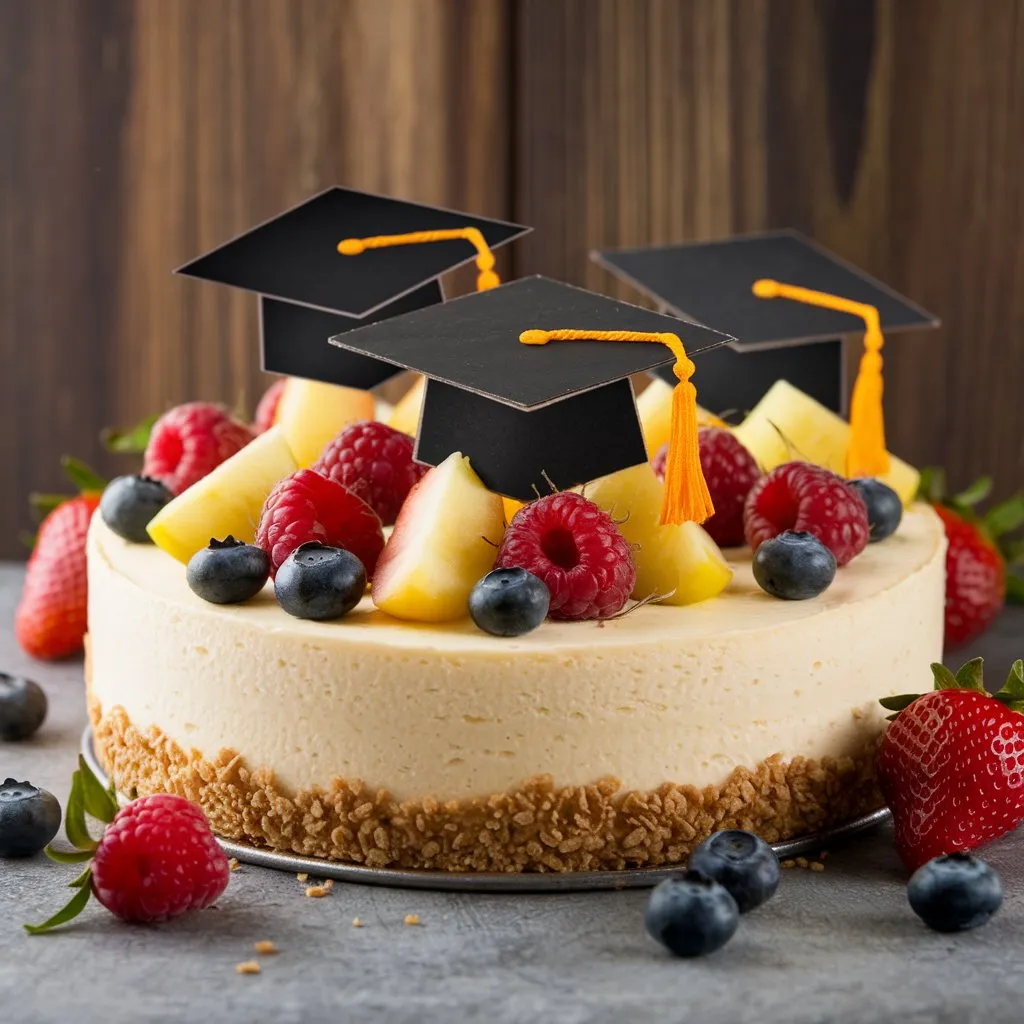 A no-bake graduation cheesecake with a graham cracker crust, topped with fruit, edible graduation cap decorations, and fresh berries on a wooden surface.