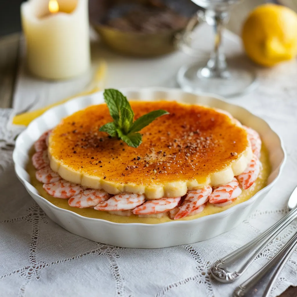 Crab brûlée dessert with a golden caramelized sugar topping, garnished with a mint leaf and black pepper. Set on a rustic wooden table with a white tablecloth, candle, and lemon.