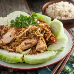 A dish of Hmong cabbage and chicken with herbs and spices, served with cooked rice on a rustic wooden table.