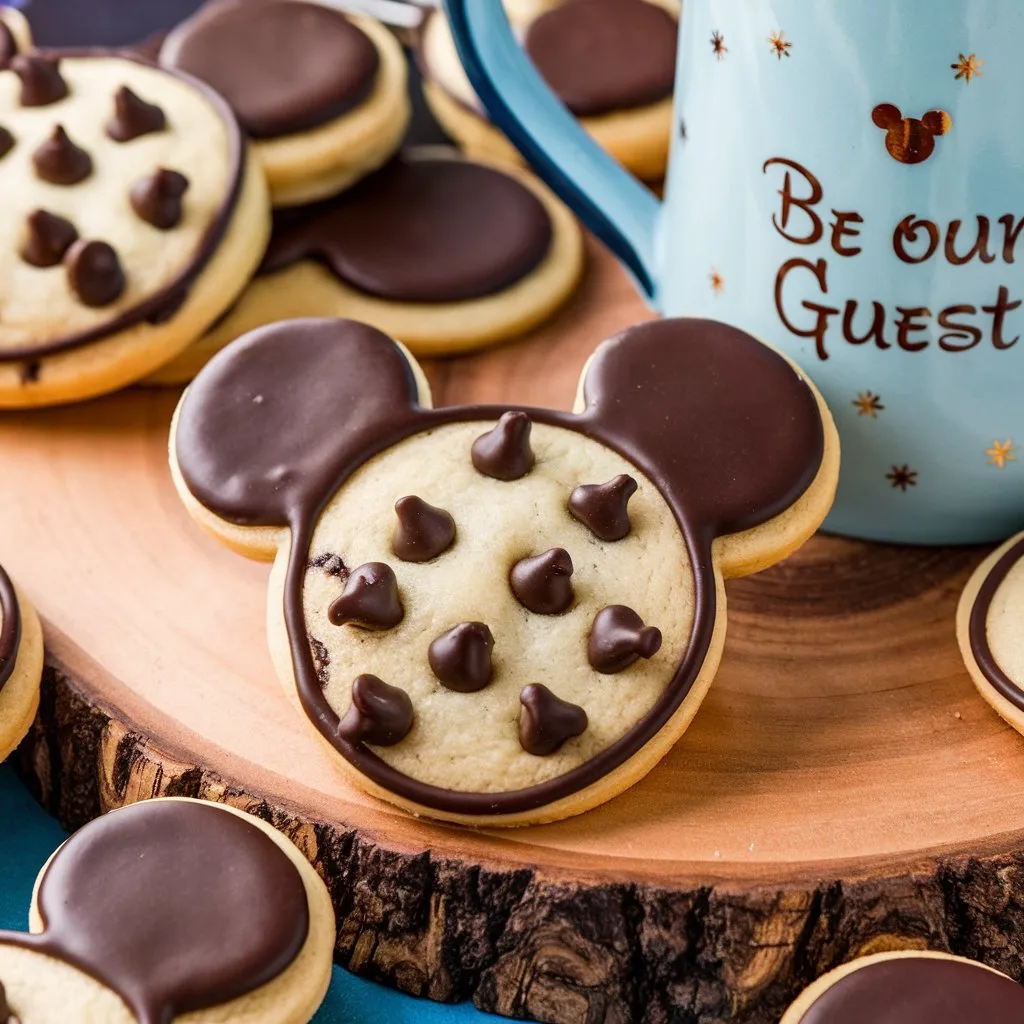 Disney-themed chocolate chip cookie with Mickey Mouse ears, placed on a wooden board, with more Mickey Mouse ear cookies in the background. A Disney-themed mug with the text "Be Our Guest" is next to the cookies.