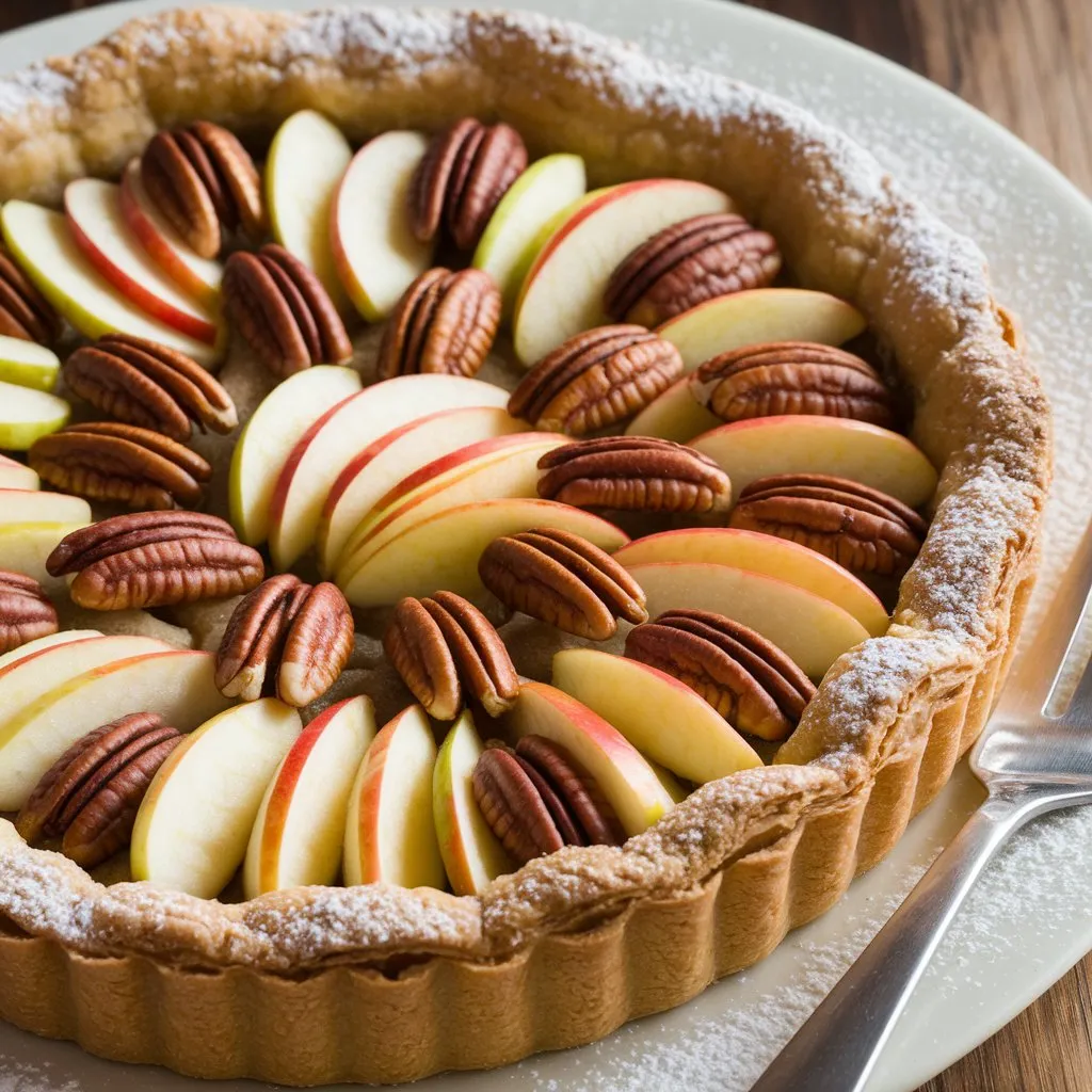 Freshly baked apple and pecan Danish pastry tart with a golden-brown crust, thinly sliced apples in a circular pattern, and a light dusting of powdered sugar.