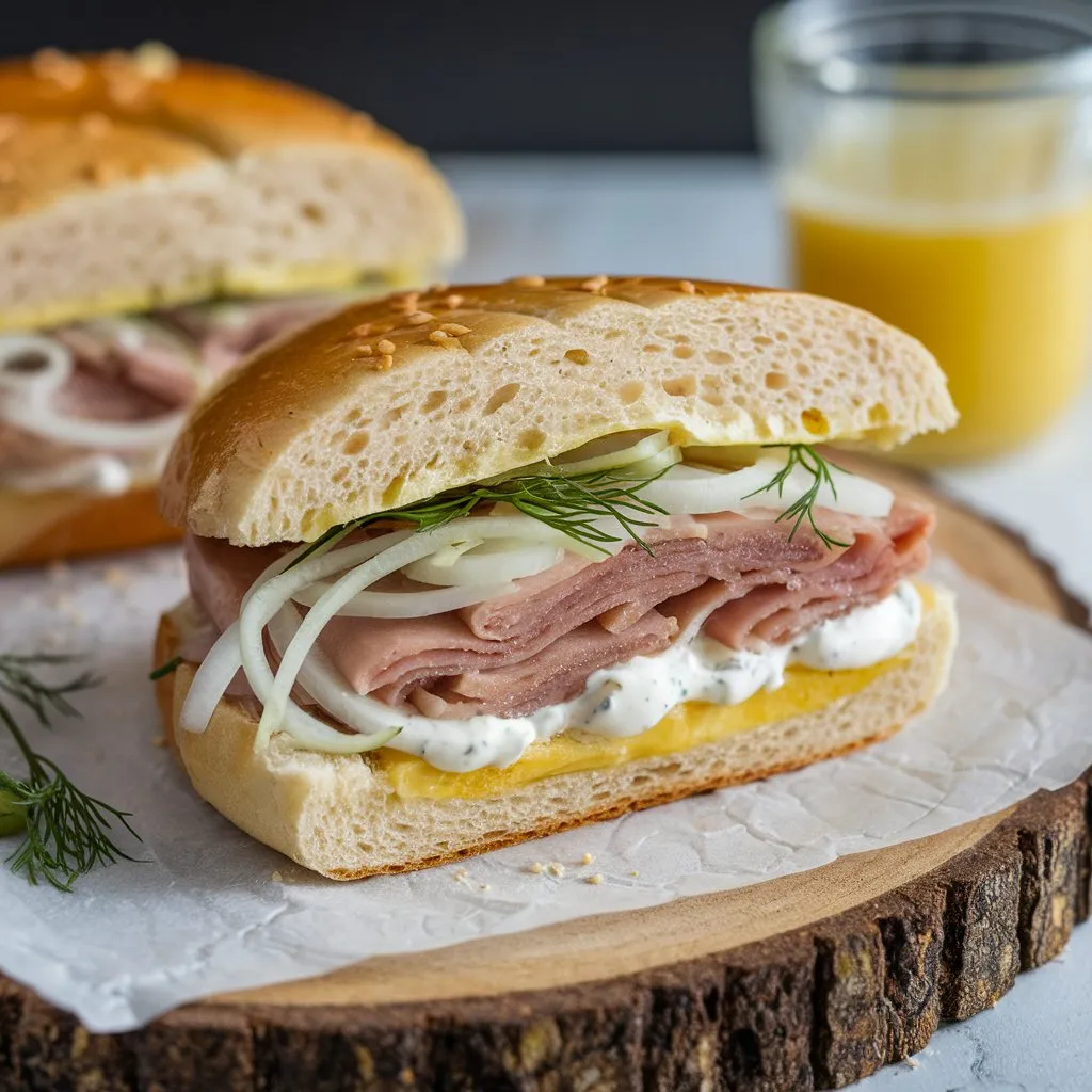 A Matjesbrötchen sandwich made with marinated herring, onions, cream, dill, and lemon juice on a soft roll.