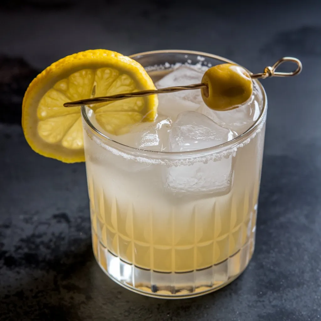 A Lemon San Diego cocktail with a slice of lemon on a cocktail stick. The cocktail is in a glass with ice and topped with a sprinkle of salt. A green olive on a cocktail stick is placed inside the glass. The glass is on a dark surface.