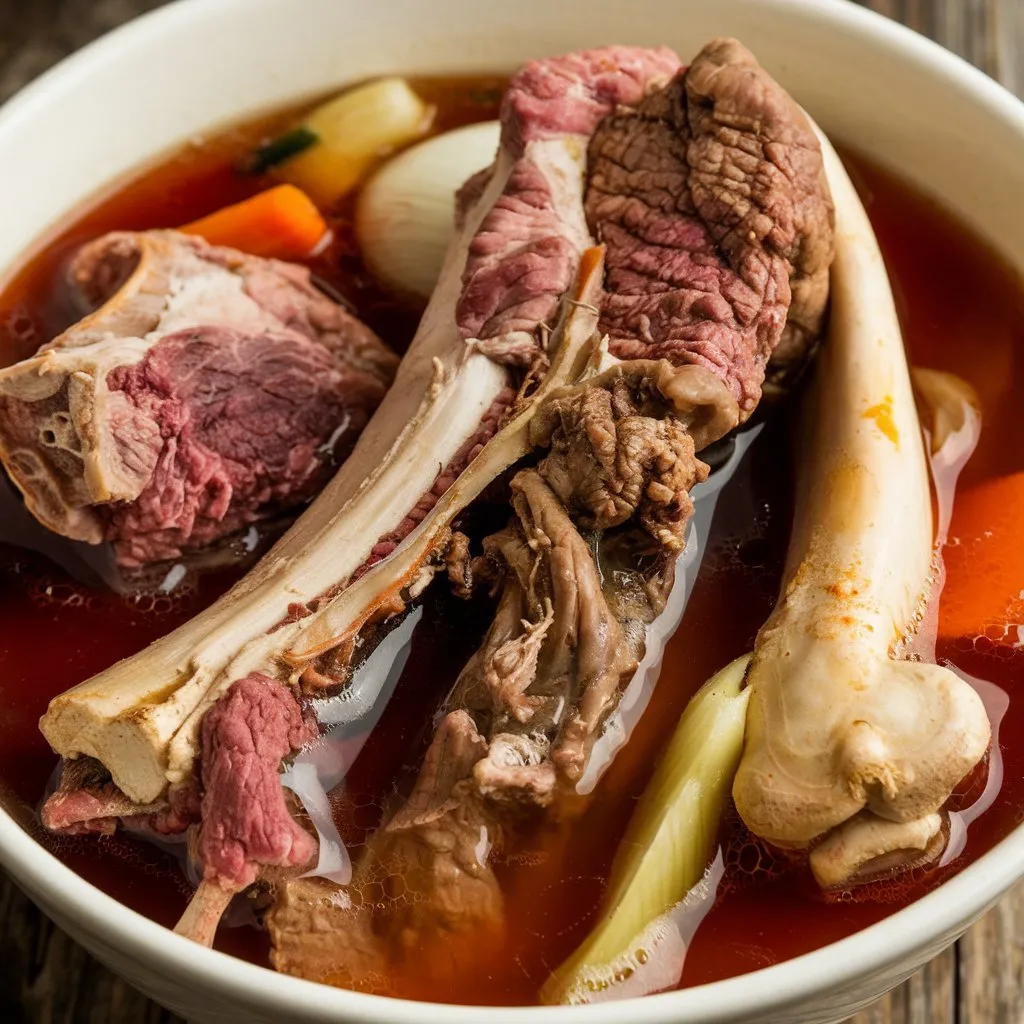 Bowl of soup with meaty beef and pork bones submerged in a deep red broth, with carrots and onions.