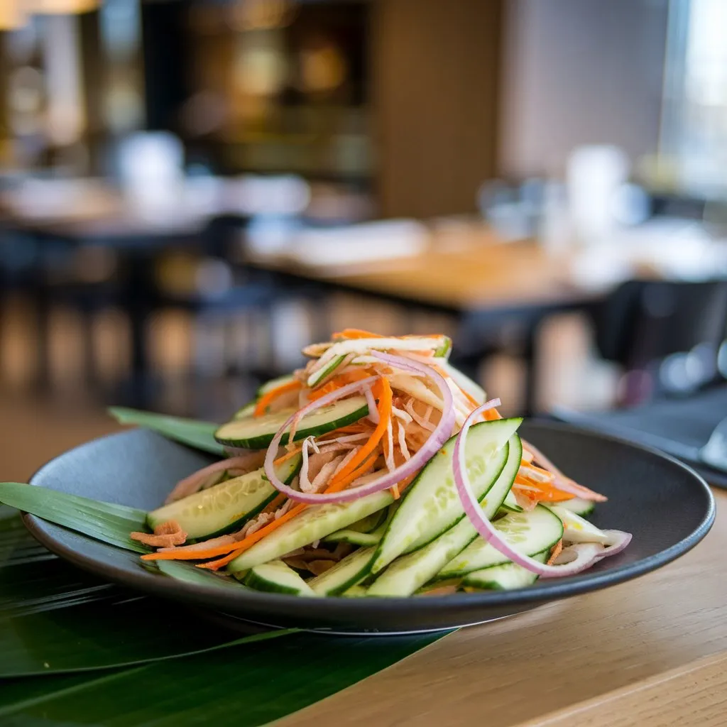 A medium shot of a plate of Din Tai Fung's cucumber salad featuring thinly sliced cucumbers, red onions, and carrots tossed in a light dressing. The plate rests on a wooden surface with a few green leaves on the side. The background is blurred, showcasing a dining area with multiple tables.