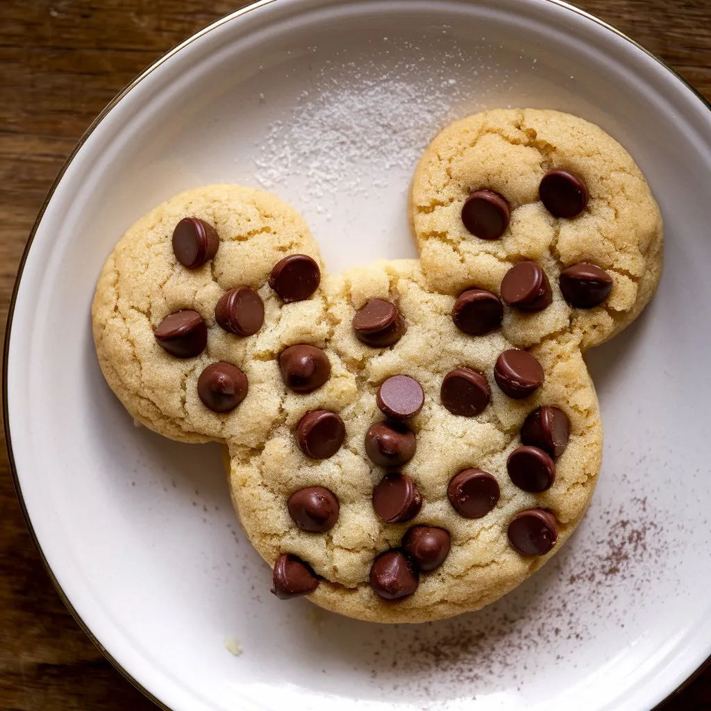 A medium shot of a Disney Mickey Mouse-shaped chocolate chip cookie on a white plate. The cookie is freshly baked, with a slightly golden-brown color and chocolate chips scattered across the top. A sprinkling of sugar is added to the cookie, placed on a wooden surface.