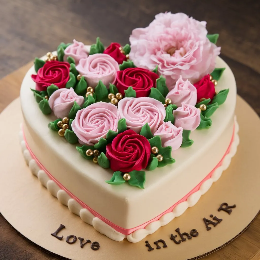 Perfect heart-shaped cake decorated with pink and red roses, green leaves, and gold dragees. Topped with a delicate pink flower, resting on a wooden board with the text 'Love is in the air'