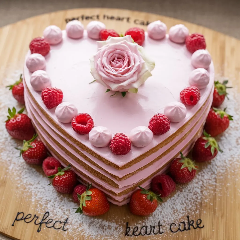 Perfect heart-shaped cake with smooth pink icing, a pink rose on top, layered with powdered sugar, and surrounded by fresh strawberries and raspberries.