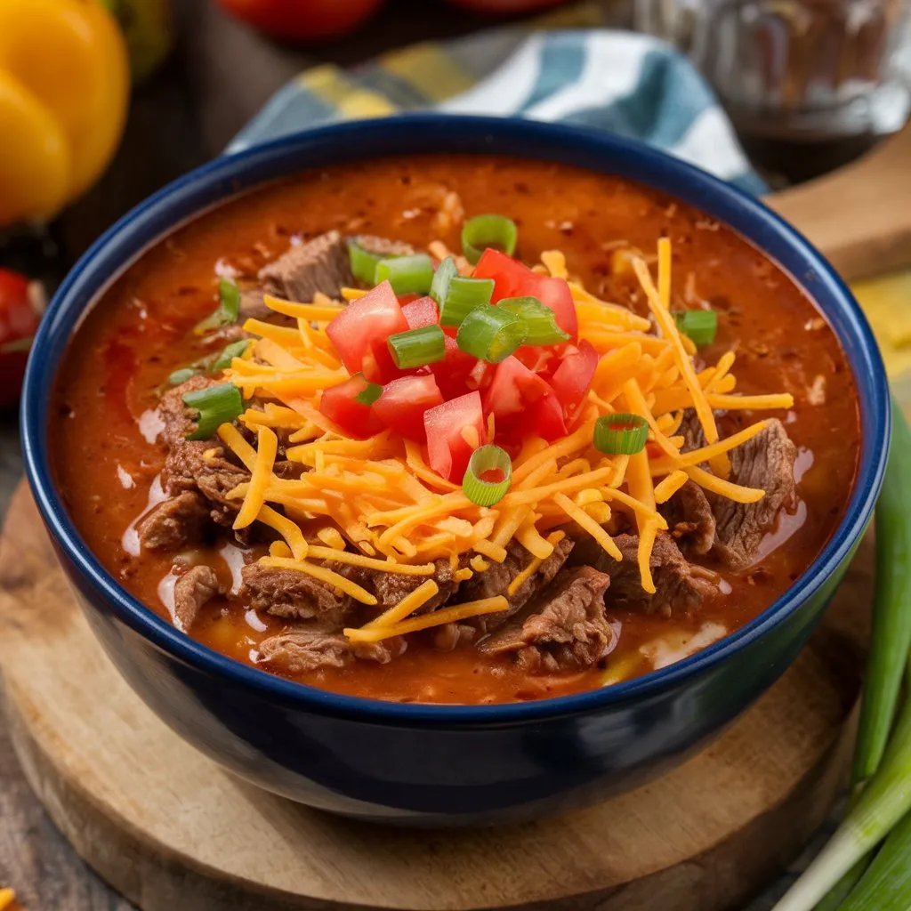 Bowl of authentic taco soup with tender chunks of beef, taco spices, shredded cheese, diced tomatoes, and green onions, placed on a rustic wooden board.