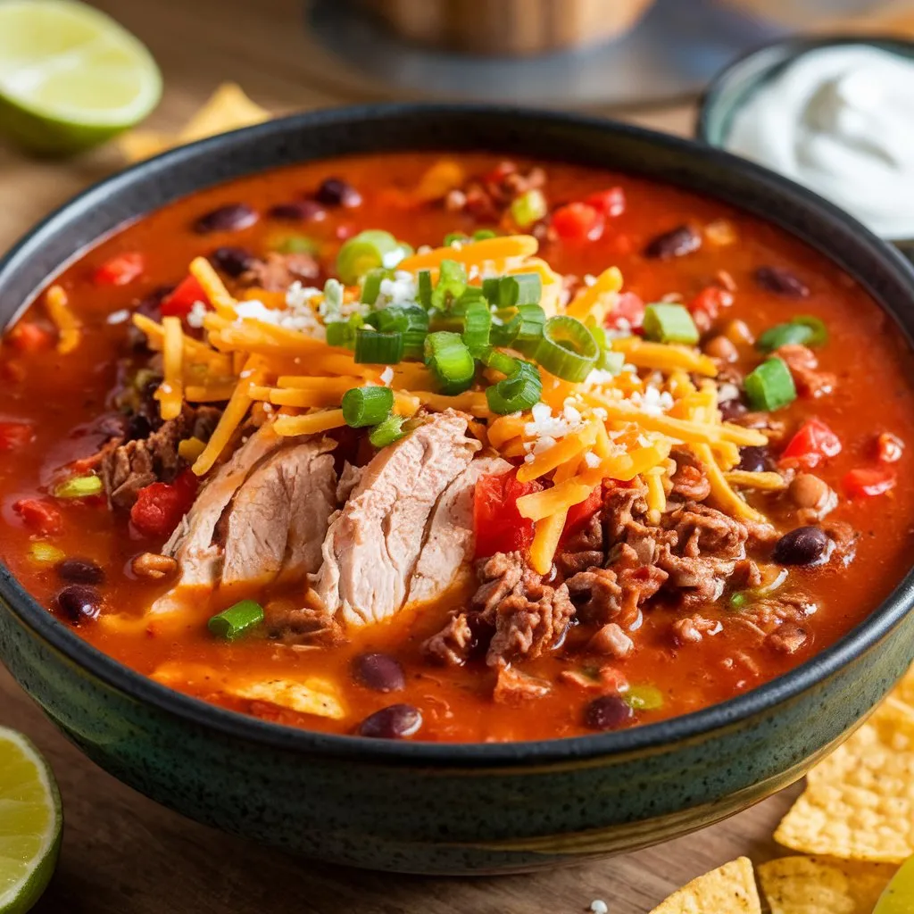 Bowl of authentic taco soup with chicken, beef, black beans, and tortilla chips, topped with cheese, green onions, and sour cream.