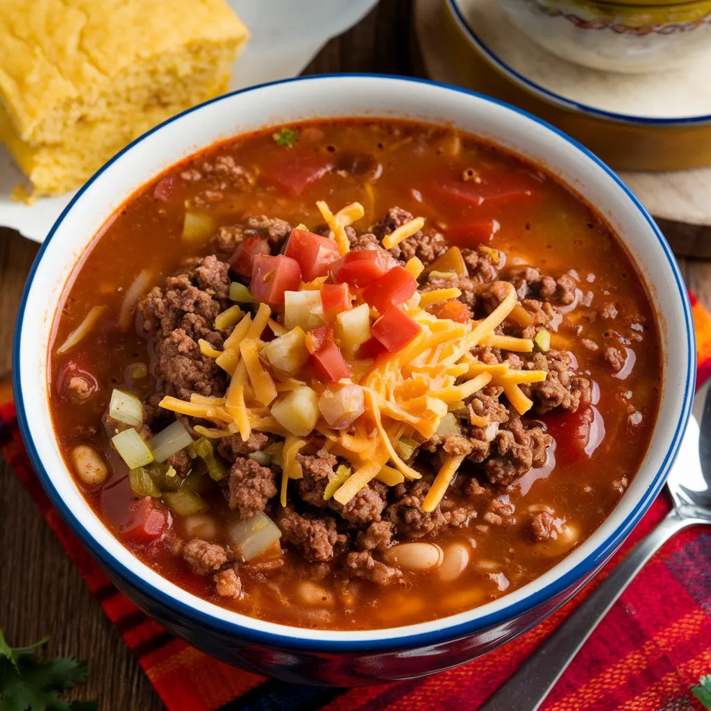 Bowl of authentic taco soup with ground beef, tomatoes, onions, and beans, topped with diced chiles and shredded cheese, served with cornbread.