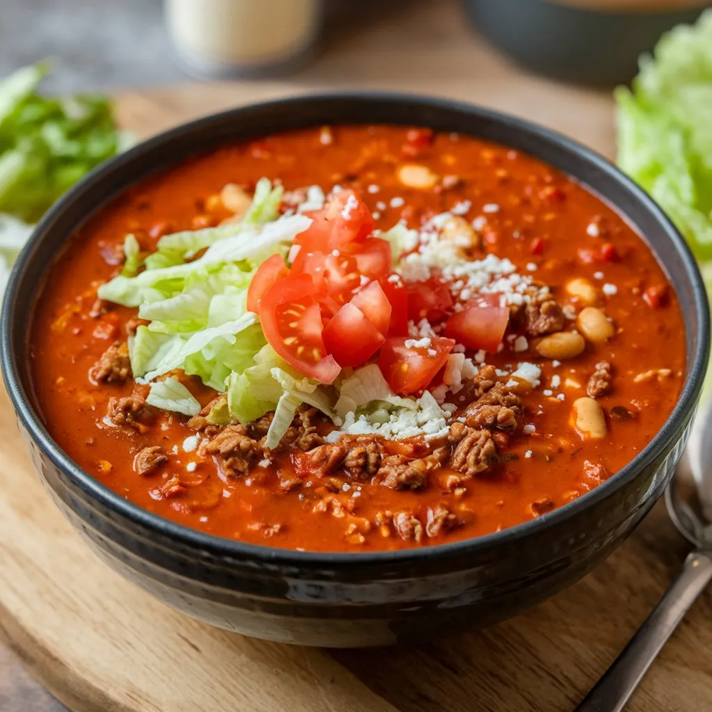 Bowl of authentic taco soup made with ground beef, tomatoes, beans, and spices, topped with shredded lettuce, diced tomatoes, and grated cheese.