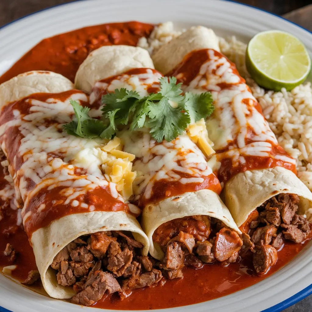 A photo of a Boulders Enchilada Recipe Beef featuring large tortillas filled with seasoned beef and cheese, topped with red sauce and extra cheese. Served with rice, beans, fresh cilantro, and a slice of lime.