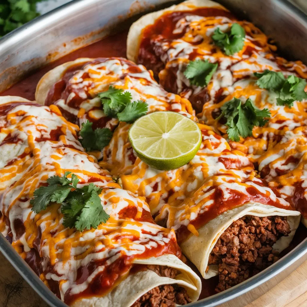 A pan of Boulders Enchilada with ground beef and onion filling, covered in red sauce, topped with cheese, cilantro, and lime.