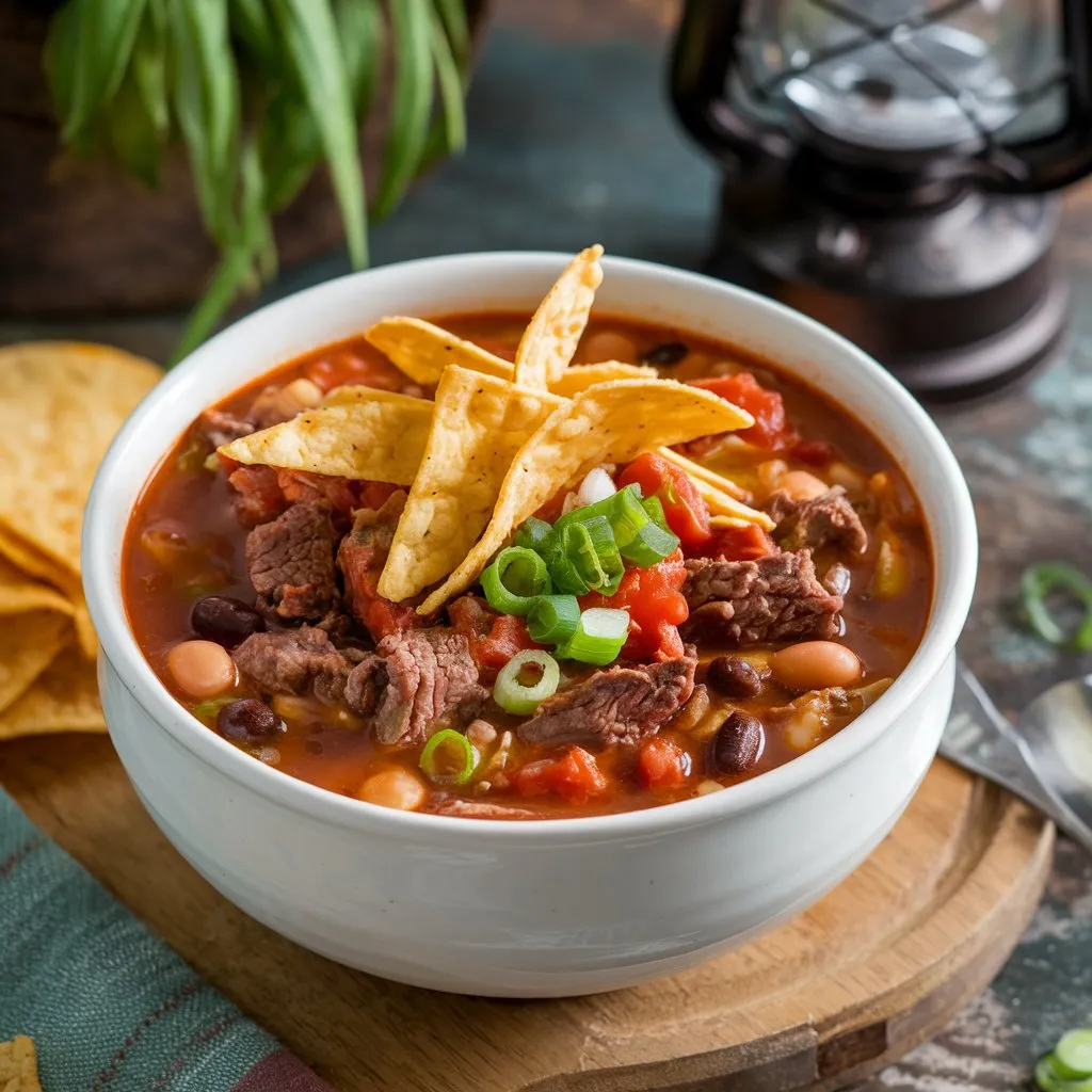 A bowl of 5 Star Taco Soup featuring tender beef chunks, beans, tomatoes, and onions, topped with crispy tortilla strips and fresh green onions. Placed on a rustic wooden board with a lantern and plant in the background.