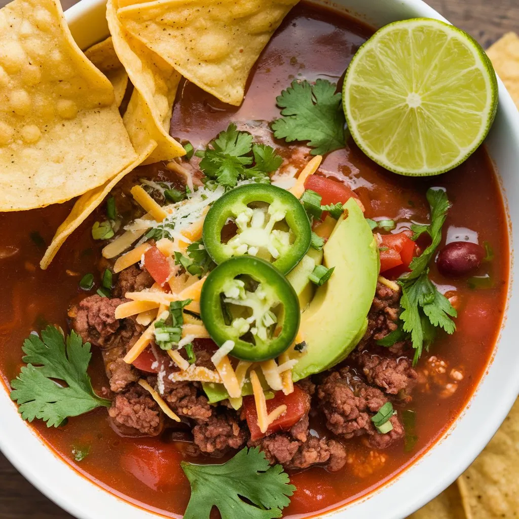 A bowl of traditional taco soup with a side of tortilla chips. The soup is made with ground beef, beans, tomato, onion, and spices. The top is garnished with cilantro, jalapeno, avocado, and cheese. A lime cut in half rests on the side of the bowl.