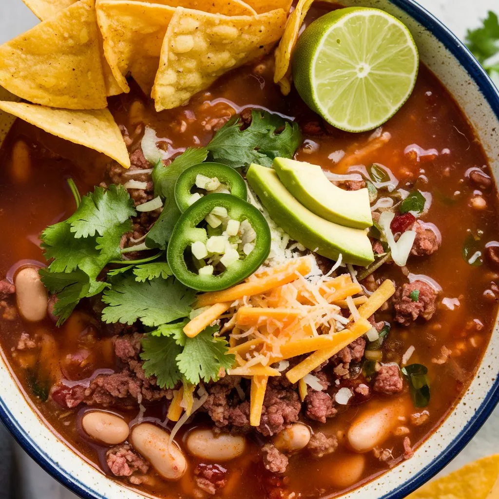 A bowl of traditional taco soup made with ground beef, beans, and spices. Topped with tortilla chips, cilantro, jalapeno, avocado, cheese, and a lime wedge. Served with a side of tortilla chips.