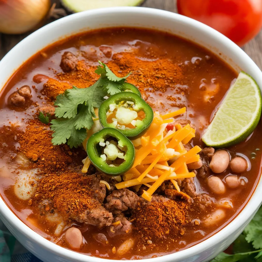 A bowl of traditional taco soup with golden-brown ground beef, beans, tortilla chips, cilantro, jalapeno, avocado, cheese, and lime. Seasoned with cumin, chili powder, and garlic powder. An onion and a tomato are on the side. Wooden background.