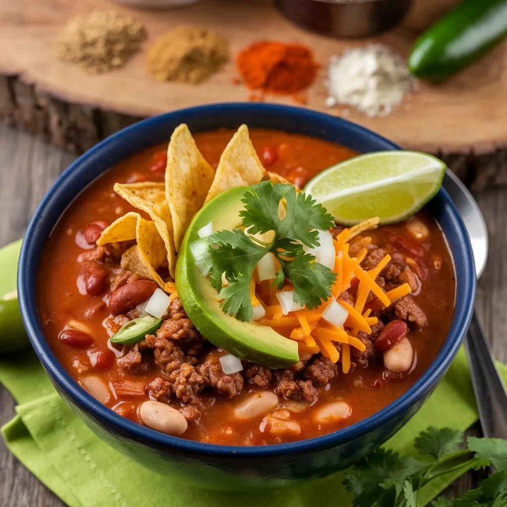 A bowl of traditional taco soup featuring ground beef, beans, and tomatoes, topped with tortilla chips, cilantro, avocado, cheese, and a lime wedge. Diced onions and jalapenos float in the soup. The rustic wooden board background showcases spices like cumin, chili powder, and garlic powder.