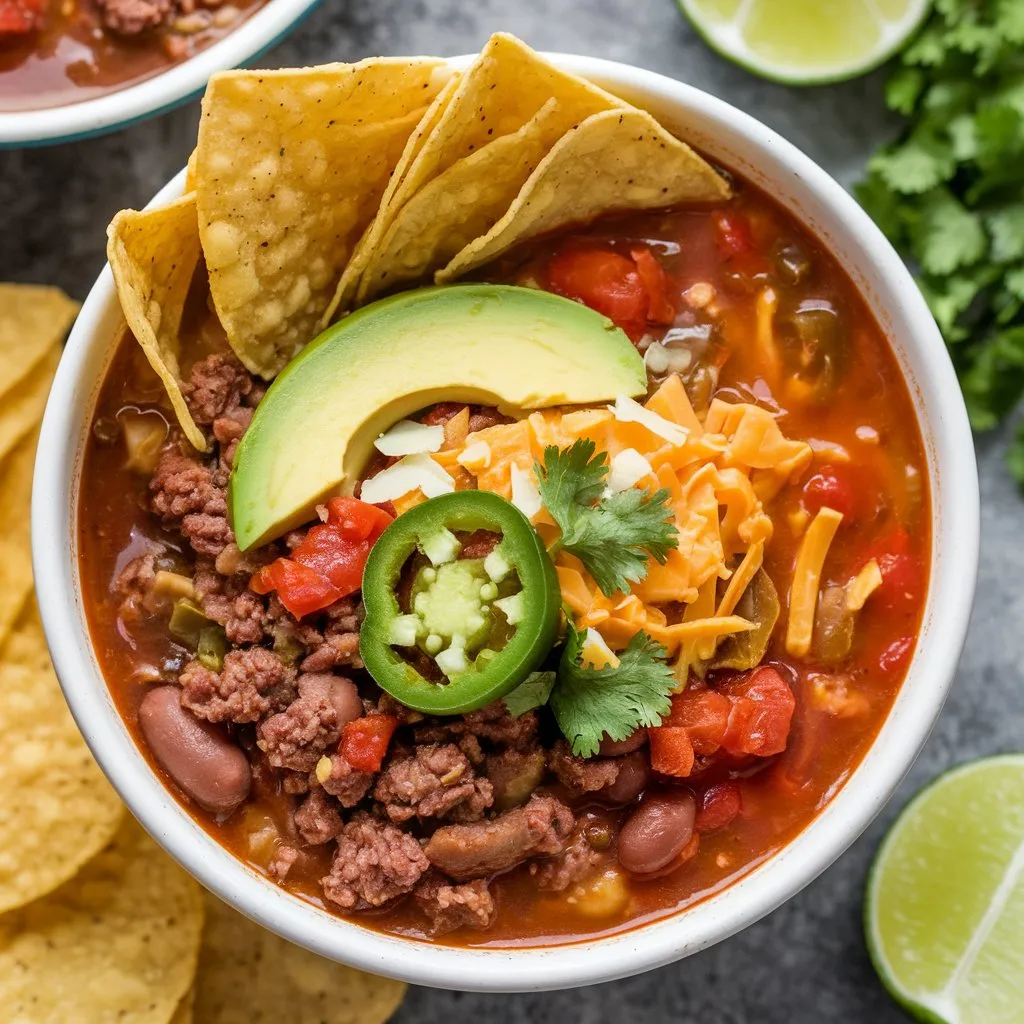 A bowl of traditional taco soup featuring ground beef, beans, tomatoes, onions, jalapenos, and spices. Topped with tortilla chips, avocado, cheese, cilantro, and a lime wedge.