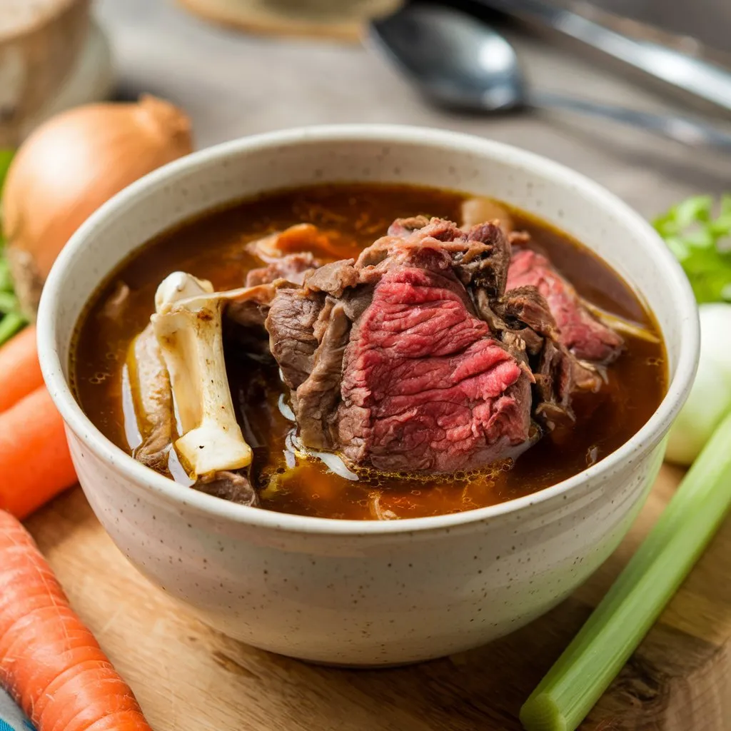 Bowl of beef soup with large meaty bones, rich dark broth, and a layer of fat on top, placed on a wooden board.