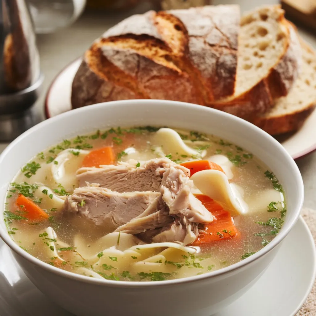 A bowl of Chopt Chicken Noodle Soup with large chunks of chicken and vegetables in clear broth, served with sliced crusty bread. Perfect for a comforting Chopt soup recipe.