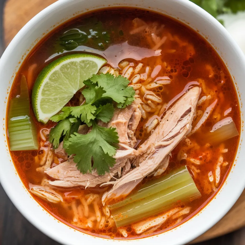 A bowl of Chopt Spicy Chicken Soup with rice, featuring a mix of spicy chicken broth, shredded chicken, rice, carrots, celery, and onions. Garnished with fresh cilantro and a squeeze of lime.