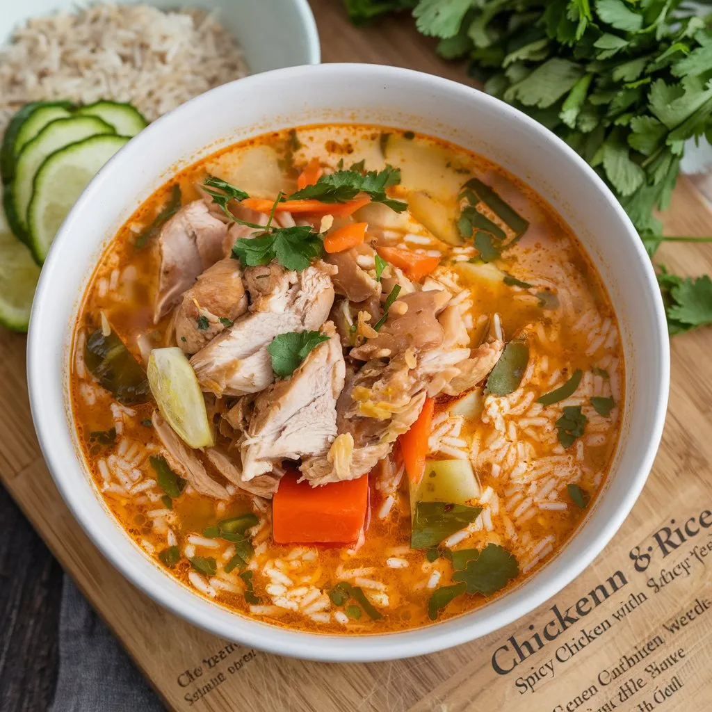 A bowl of Chopt Spicy Chicken Soup with rice, featuring tender chicken pieces, vegetables, and rice in a rich, golden broth. Served with fresh herbs on the side.