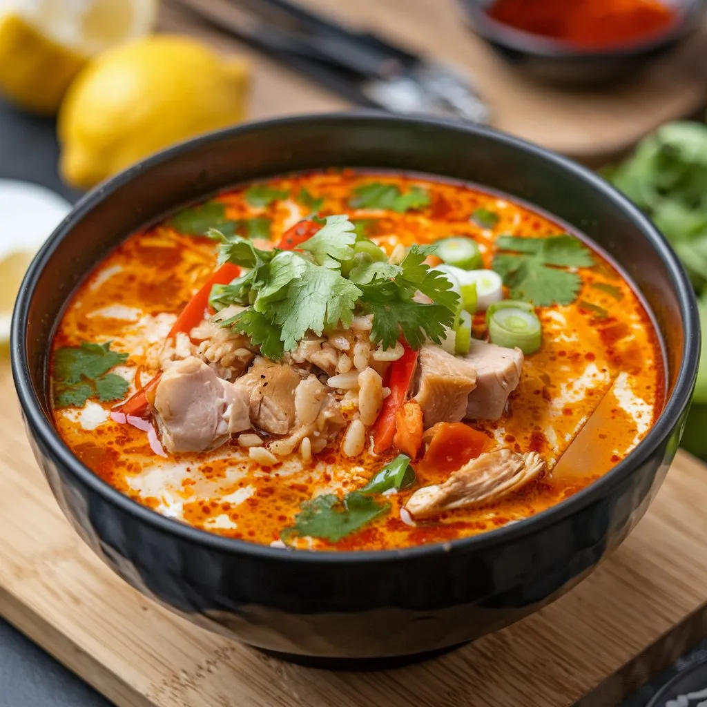 A bowl of Chopt Spicy Chicken Soup with rice, featuring chunks of chicken, vegetables, and garnished with fresh herbs like cilantro and green onions.