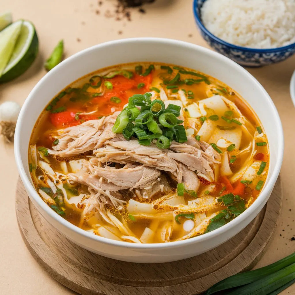 A bowl of Chopt spicy chicken soup with rice, filled with shredded chicken, chopped vegetables, and submerged in golden broth. Topped with green onions and placed on a wooden board.