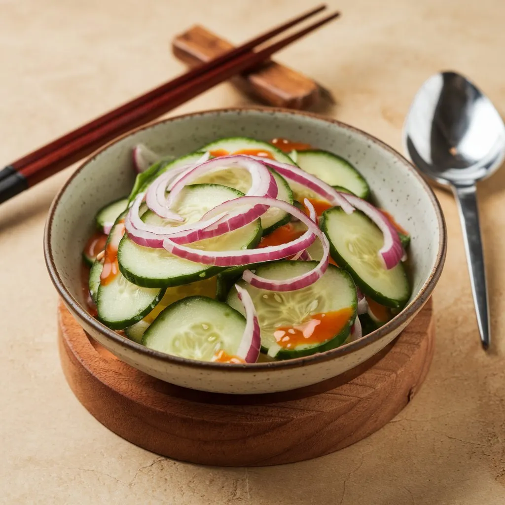 A photo of a bowl of Din Tai Fung Cucumber Salad featuring thin slices of cucumber, mixed with sliced red onion and drenched in a sweet and sour sauce. The bowl rests on a wooden base, accompanied by chopsticks and a spoon. The background is beige.